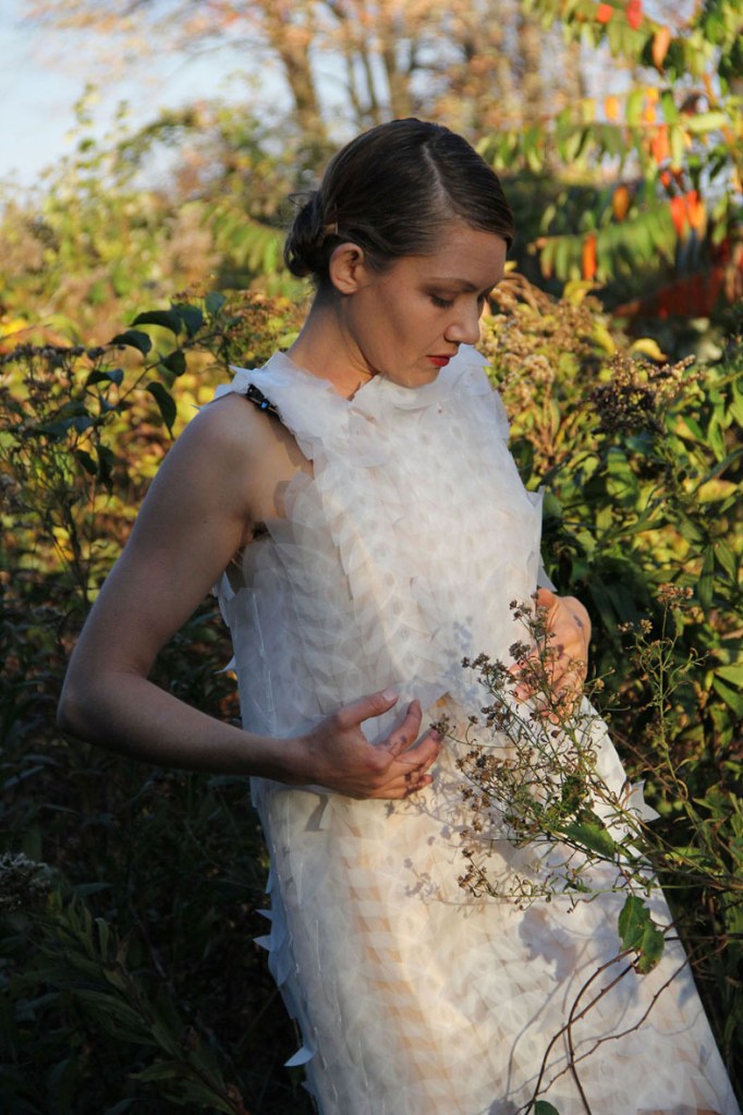 Model Tamara Hoerschelmenn will wear the dress made of more than 1,000 fragments of paper by designer/artist Maria Paz Garaloces.
