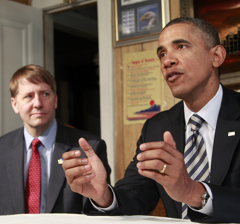 President Obama appears Wednesday with Richard Cordray, whose nomination to head a consumer agency was stalled in the Senate.