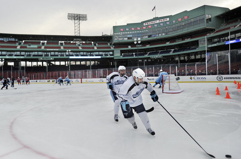 The University of Maine was given an hour on the outside rink at Fenway Park. “I thought that it was like a pond,” said Maine defenseman Will O’Neill.