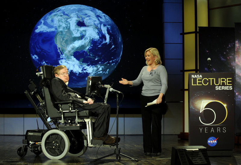 Stephen Hawking is praised by his daughter Lucy Hawking in 2008 as he gives a speech in honor of NASA’s 50th anniversary. Scientists are analyzing his DNA to see if a genetic mutation could explain his long survival with ALS.