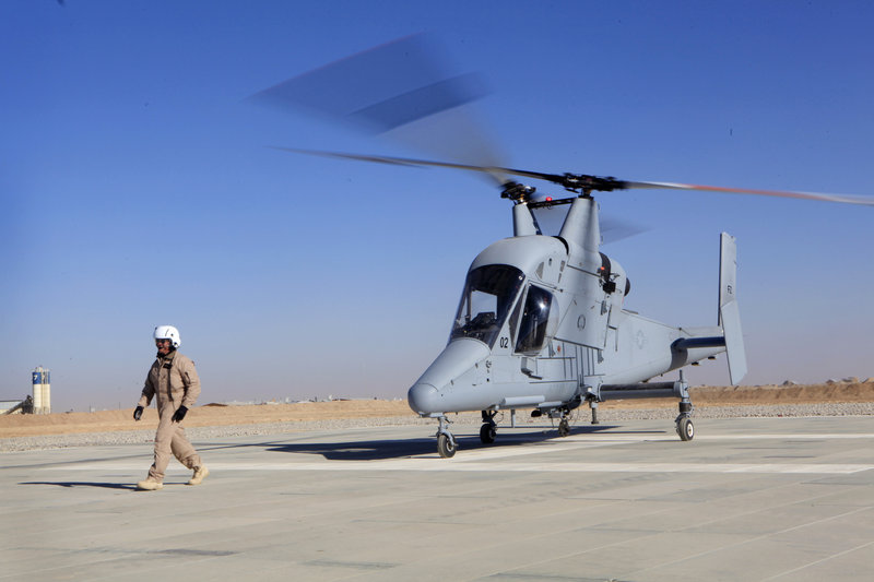 A K-MAX pilotless freight helicopter, a detachment from Marine Unmanned Aerial Vehicle Squadron 1 in Camp Dwyer, Helmand province, south of Kabul, Afghanistan.