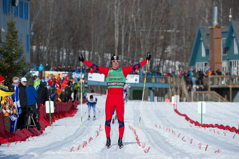 Torin Koos celebrates what he thought was his second sprint title at this week’s U.S. Cross Country Skiing Championships – before he found out that he was disqualified for cutting too closely in front of another competitor. Instead, the national title went to second-place finisher Tyler Kornfield.