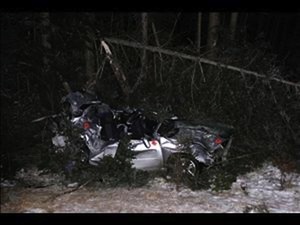 Two teenagers died and a third was critically injured when this Subaru crashed into trees along Route 219 in West Paris shortly after midnight Friday.