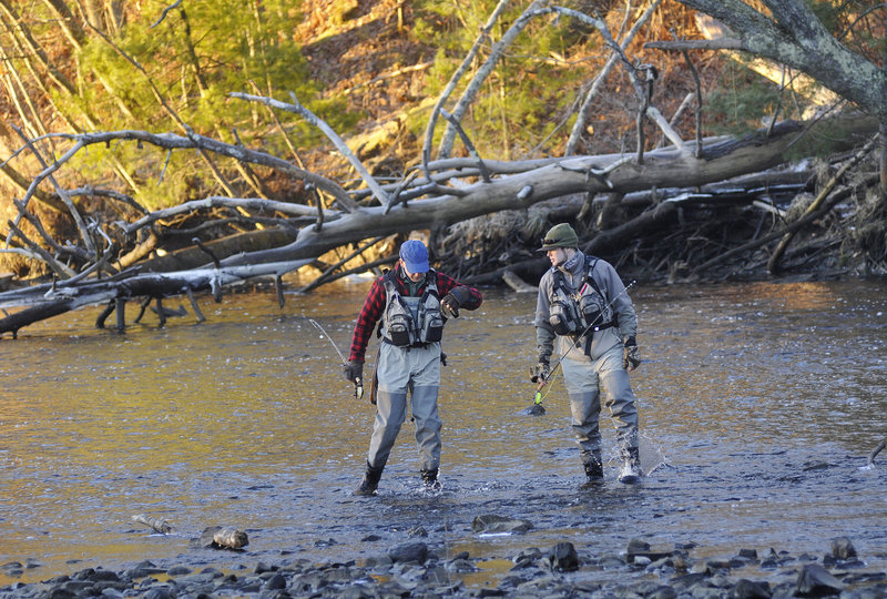 Todd Bickford and his son, Matt, of Topsham walk across the Mousam River while scouting for a fishing spot.