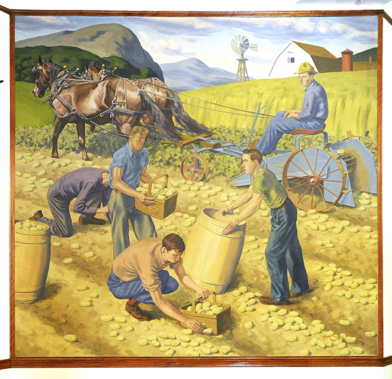 The late Portland painter Ralph Frizzell created two murals in 1940 for placement in Nathan Clifford School in Portland. This one, titled “Farming,” shows a family of potato farmers in northern Maine.