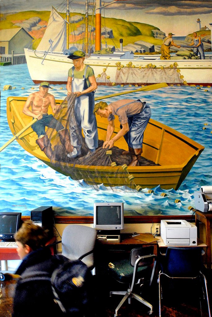 2008 Press Herald file/Doug Jones Historian Herb Adams said the Ralph Frizzell murals – this one is titled “Fishing” – are important because of the era of their creation and the way they portray Maine workers.