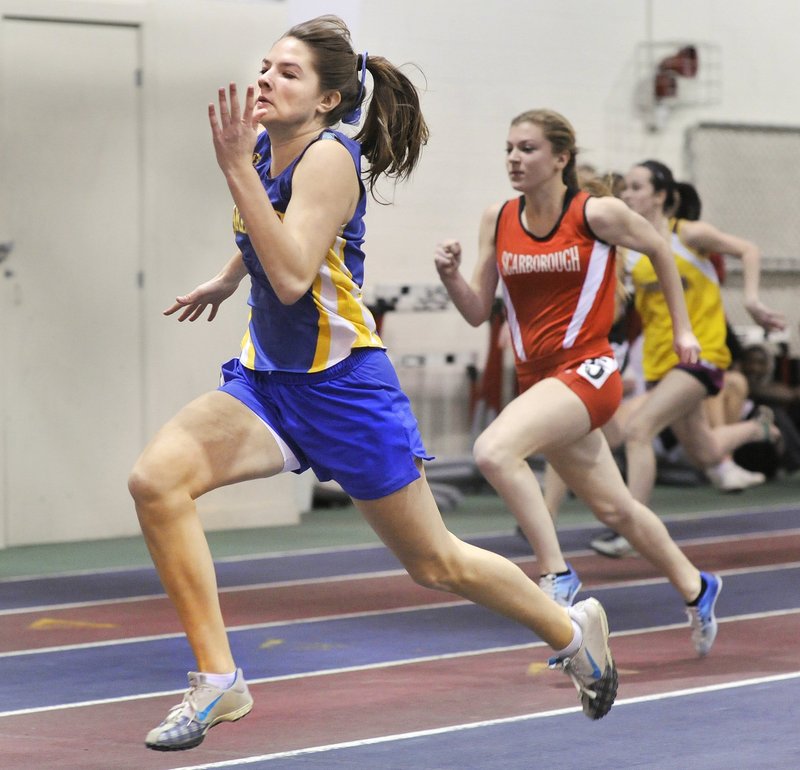 In winning the girls’ 55-meter dash for Lake Region at the Dec. 30 USM Relays, Kate Hall’s time of 7.36 seconds topped last year’s Class A state championship time of 7.40.