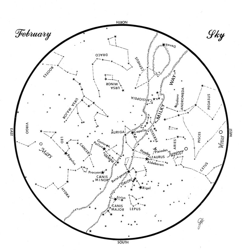 This chart represents the sky as it appears over Maine during February. The stars are shown as they appear at 9:30 p.m. early in the month, at 8:30 p.m. at midmonth and at 7:30 p.m. at month’s end. Mars, Jupiter and Venus are shown in their midmonth positions. To use the map, hold it vertically and turn it so that the direction you are facing is at the bottom.
