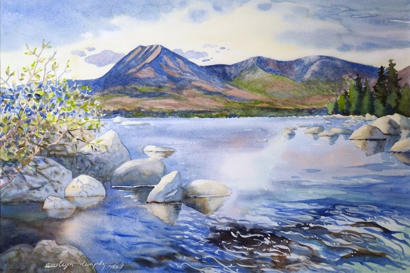 Evelyn Dunphy painted this watercolor of Mount Katahdin and Katahdin Lake for Huber Resources Corp. as a token of thanks for its donation of 143 acres of land to Baxter State Park.
