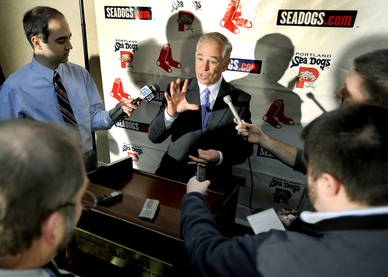 Red Sox Manager Bobby Valentine talks to reporters at the Sable Oaks Marriott in South Portland on Friday. Valentine said about his team, “I’ll be there to turn up the volume or turn it down, or do whatever I think might be able to help them be as good as they can possibly be.”