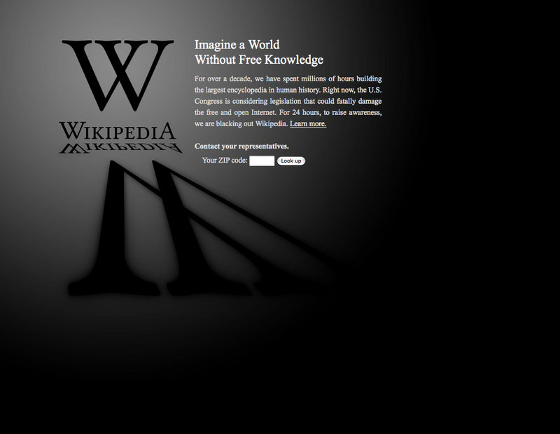 This screen shot shows the blacked-out Wikipedia website, announcing a 24-hour protest against proposed legislation intended to protect intellectual property that critics say could facilitate censorship, referred to as the Stop Online Piracy Act, or SOPA, and the Protect IP Act, or PIPA.