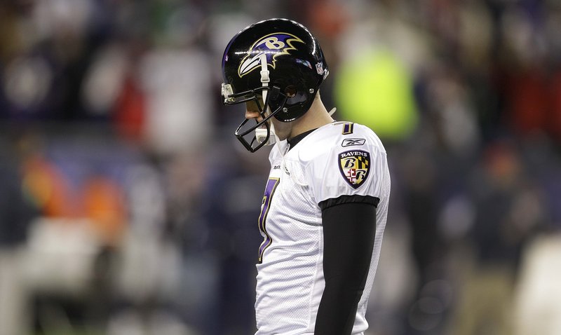 Billy Cundiff walks away dejected after he missed a 32-yard field-goal attempt with 11 seconds left. “There’s really no excuse for it,” said Cundiff after the Ravens’ 23-20 loss.