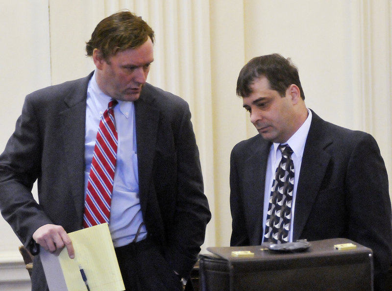Patrick Dapolito of Limington, right, and defense attorney David Van Dyke talk prior to opening statements in Dapolito’s murder trial Tuesday in Alfred.