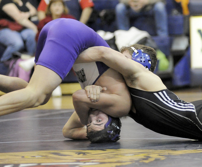 Zack Faskianos of York has the upper hand on Luke Howarth of Marshwood during their match at 152 pounds Wednesday night. Faskianos came away with the victory but Marshwood captured the match, 52-15.