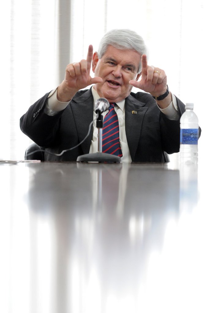 In Jacksonville, Fla., Thursday, Republican presidential candidate Newt Gingrich talks with the Florida Times-Union editorial board. A former GOP campaign strategist says “the Republican establishment might not be wild about Mitt Romney, but they’re terrified by Newt Gingrich.”