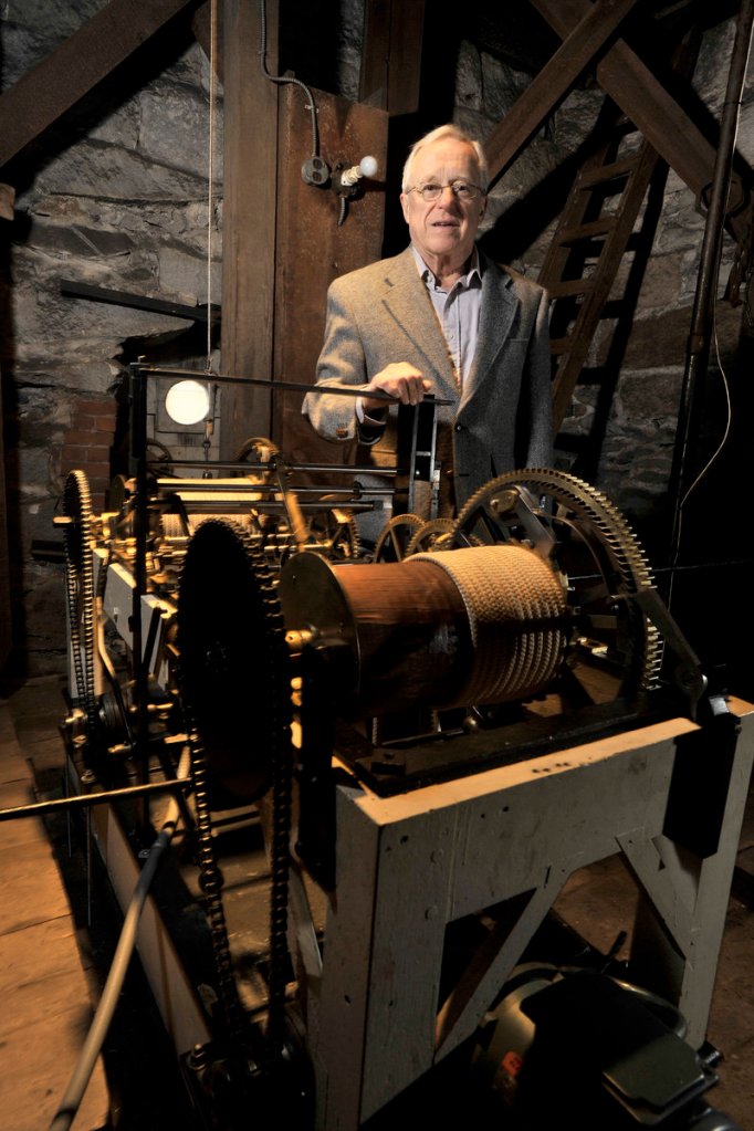 Jenks shows the clockworks, which keep the steeple’s three clocks on time. The church is believed to have the last functioning Simon Willard tower clock in the country, making the renovation work more delicate. During the refurbishing, the belfry will be removed and taken to Barre, Vt., for the interior and exterior work.