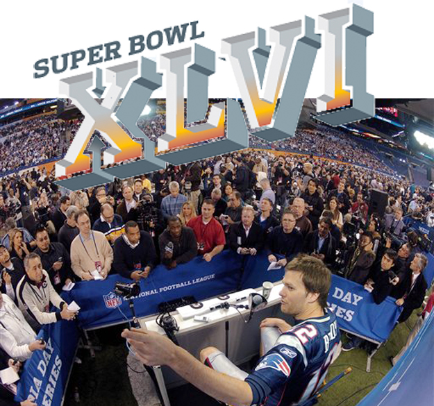 New England Patriots quarterback Tom Brady answers questions during Media Day at Super Bowl XLVI today.