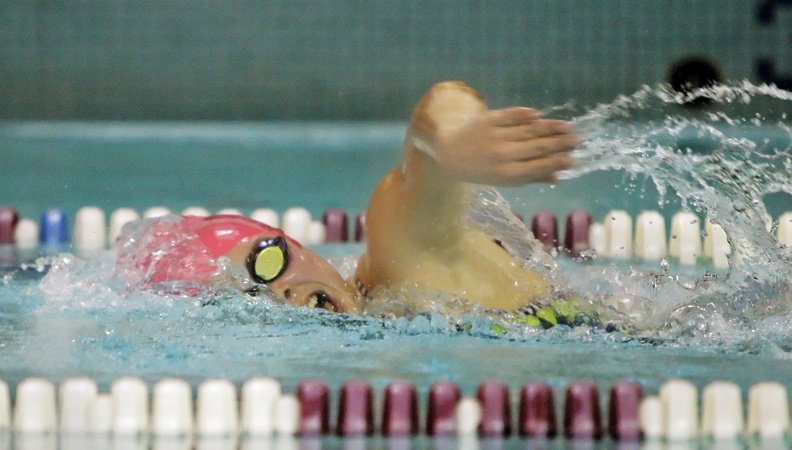 Emily Domingo of Greely wins the 500-yard freestyle with a time of 5:44.6 during a meet with Gorham in Cumberland on Wednesday. The Greely won, 71-23.