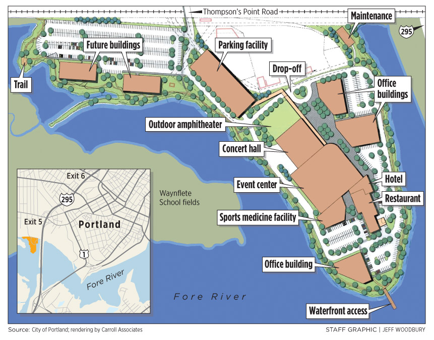 This map shows the planned locations of venues and facilities, including the outdoor amphitheater, at Thompson's Point.
