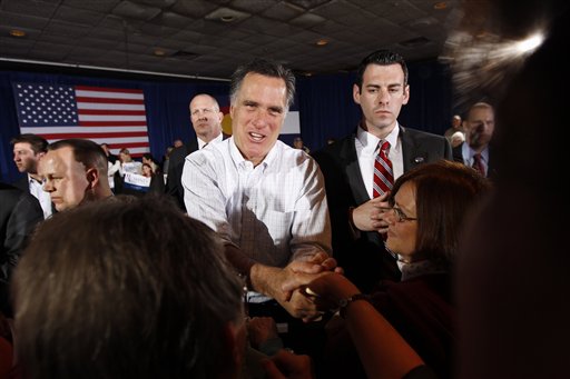 Republican presidential candidate Mitt Romney greets supporters at a campaign rally in Grand Junction, Colo. on Monday, Feb. 6, 2012. (AP Photo/Gerald Herbert)