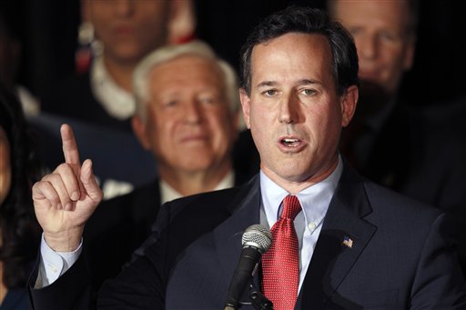 Republican presidential candidate former Pennsylvania Sen. Rick Santorum speaks during a primary night watch party Tuesday, Feb. 7, 2012, in St. Charles, Mo. (AP Photo/Jeff Roberson)