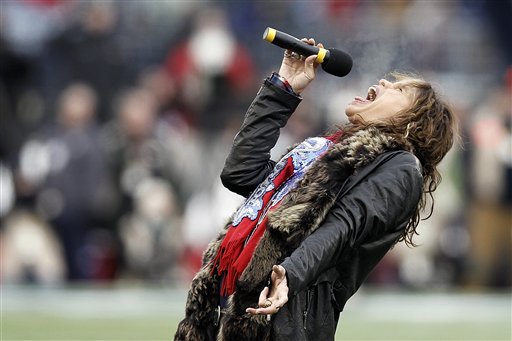Aerosmith singer Steven Tyler sings the national anthem before the AFC Championship NFL football game between the Baltimore Ravens and the New England Patriots on Jan. 22 in Foxborough, Mass.