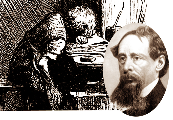 Charles Dickens, right, and a 1904 depiction of the 12-year-old Dickens working in a boot polish factory. The experience would have a major impact on his later life and work.