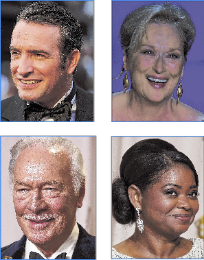 Clockwise from upper left: Best Actor, Jean Dujardin; Best Actress, Meryl Streep; Supporting Actor, Christopher Plummer; Supporting Actress, Octavia Spencer.