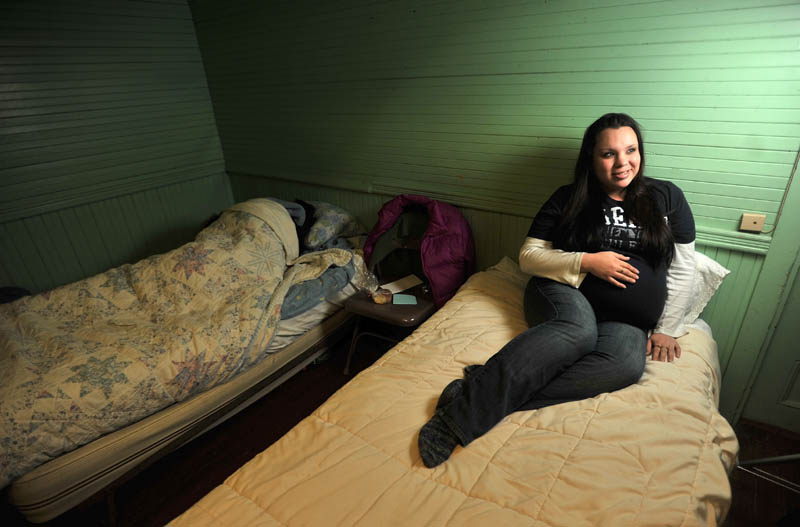 SHELTER: Homeless and eight months pregnant, Jamie Grey spends her nights in Waterville’s overflow shelter in the basement of First Baptist Church.