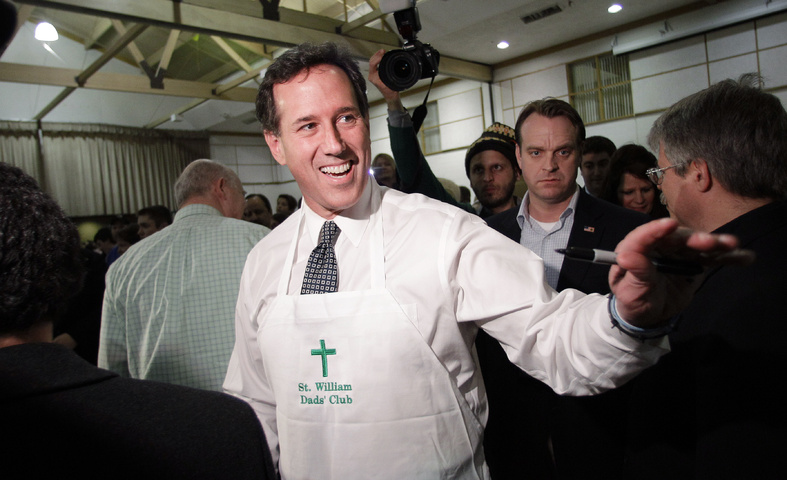 Republican presidential candidate Rick Santorum attends a fish fry at the St. William Catholic Parish in Walled Lake, Mich., on Friday. If Santorum doesn't temper his extreme rhetoric, he could find that his recent rise in the polls is as fleeting as it was for his many predecessors at the head of the GOP primary field.