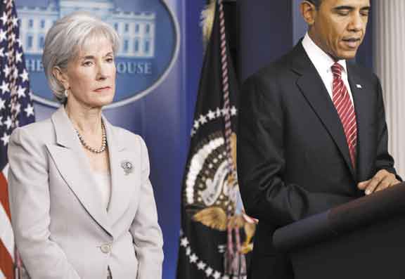 Health and Human Services Secretary Kathleen Sebelius, shown with President Obama during a recent news conference in Washington, said she talked to Maine Gov. Paul LePage within the last two weeks about Maine’s effort to grapple with Medicaid costs and offered to send help.