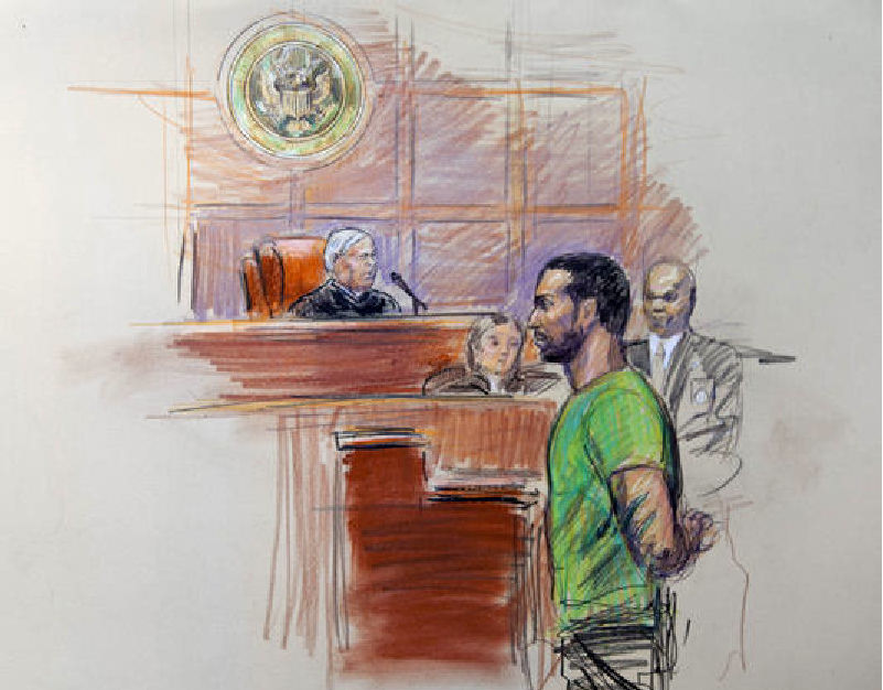 Artist rendering shows Amine El Khalifi before U.S. District Judge T. Rawles Jones Jr. in Alexandria, Va., Friday. He was arrested near the Capitol as he planned to detonate what he thought was a suicide vest.