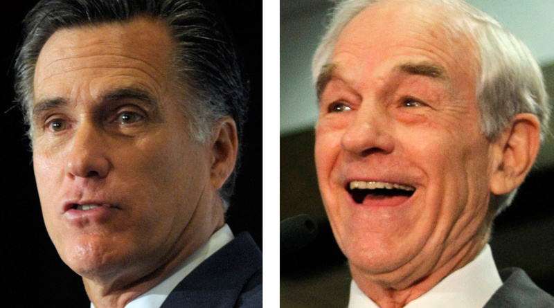 Mitt Romney, left, was declared the winner of the Maine caucuses by a small margin, but supporters of Ron Paul, right, allege bias.