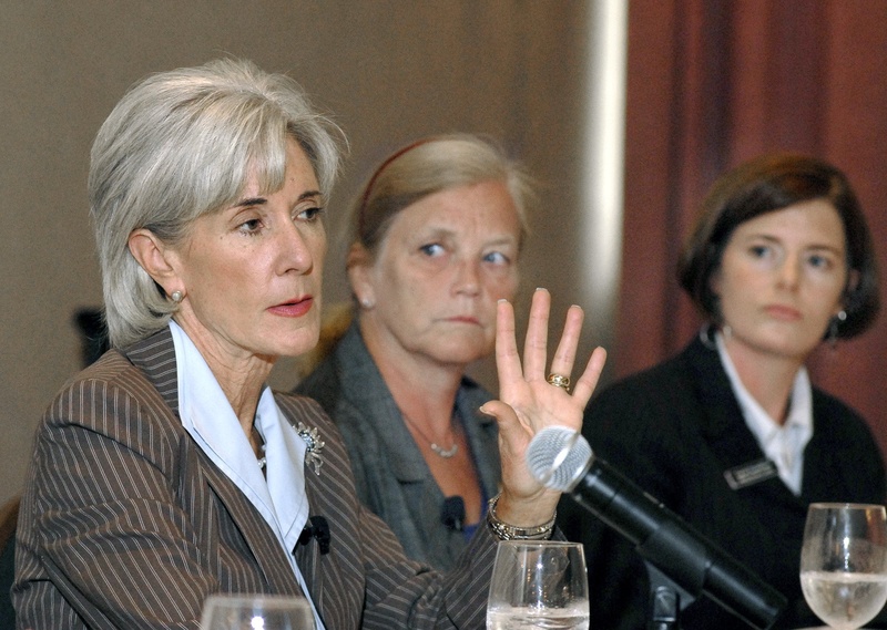 Health and Human Services Secretary Kathleen Sebelius speaks before AARP members at the Sable Oaks Marriott in South Portland. To her left is U.S. Rep. Chellie Pingree.