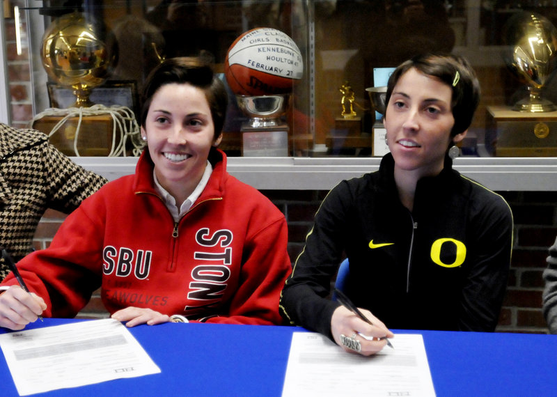 Aley Leonardi, left, and her twin sister, Abbey, will be on different coasts in the fall after leaving Kennebunk. Aley will play soccer for Stony Brook and Abbey will run for Oregon.