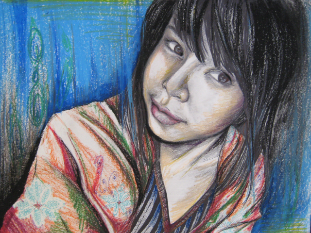 Self-portrait in mixed media by Jenn Seneres, Grade 12, Thornton Academy, Saco. Teacher is Jodi Thomas.