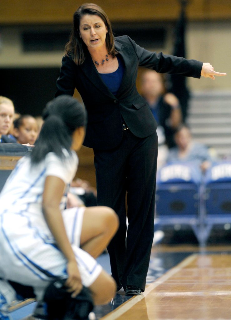Duke Coach Joanne P. McCallie gives instructions to her players Thursday night during the Blue Devils’ 75-43 win over Wake Forest.