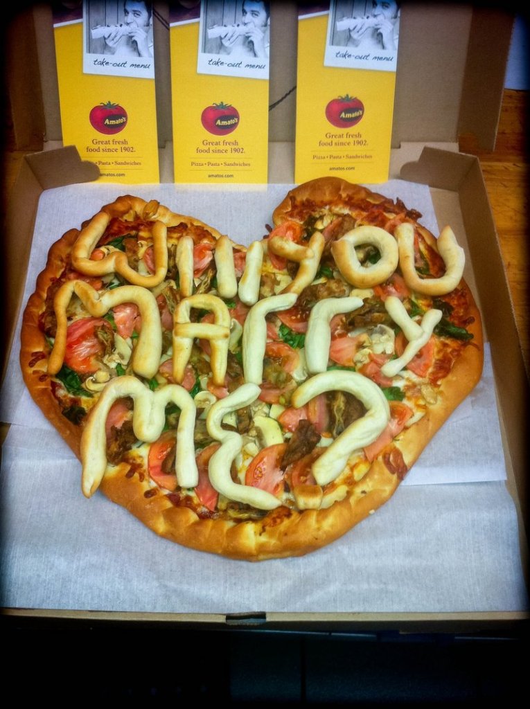 Amato’s created a heart-shaped pizza with the key phrase printed in dough for Paul McGonagle to present to his girlfriend Allison Taylor.