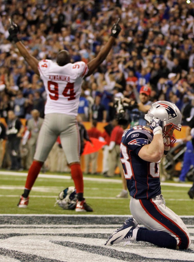 The desperation pass fell in the end zone Sunday night, ending the Super Bowl and leaving Wes Welker of the Patriots to lament what could have been, and Mathias Kiwanuka of the New York Giants to celebrate what was.
