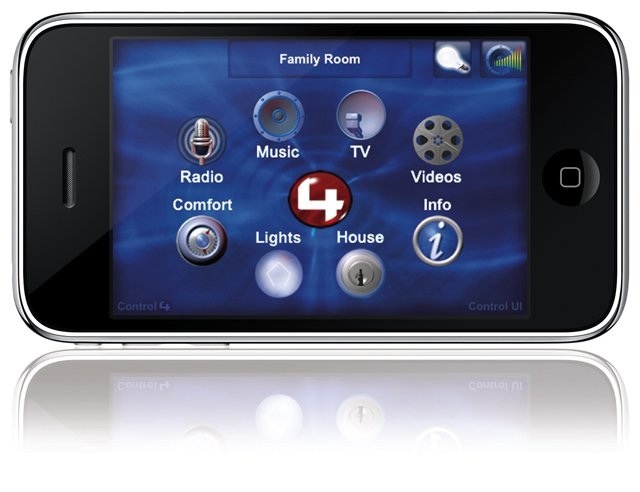 A mobile navigator controls family room features.