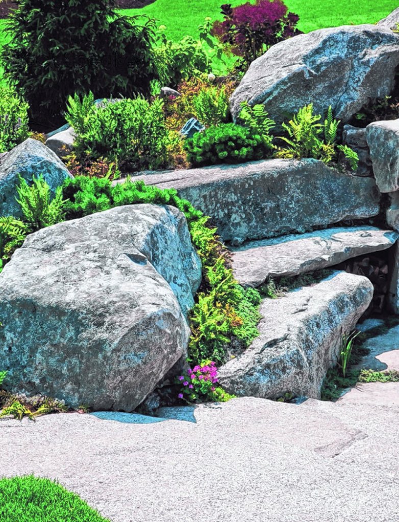 To carry sound outside, a speaker is concealed in a small rock amid the landscaping.