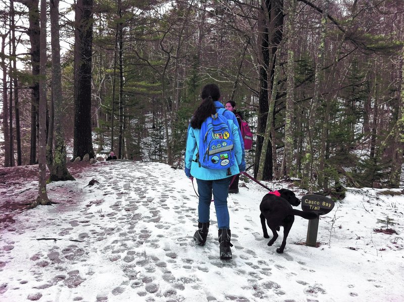 Wolfe’s Neck Woods State Park in Freeport is a great place to bring the kids and dog for winter hiking. The walking is fairly easy and the ocean view makes up for light snow.