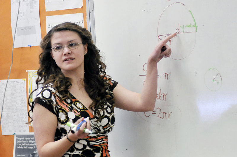 Kate Donatelli teaches pre-calculus at Greater Portland Christian School in South Portland. All teachers at the school are state-certified, says Keith Dawson, the head of school, but it could be difficult for the school to meet state reporting and auditing criteria. He also said the school wouldn’t be willing to add sex education and evolution to its curriculum.