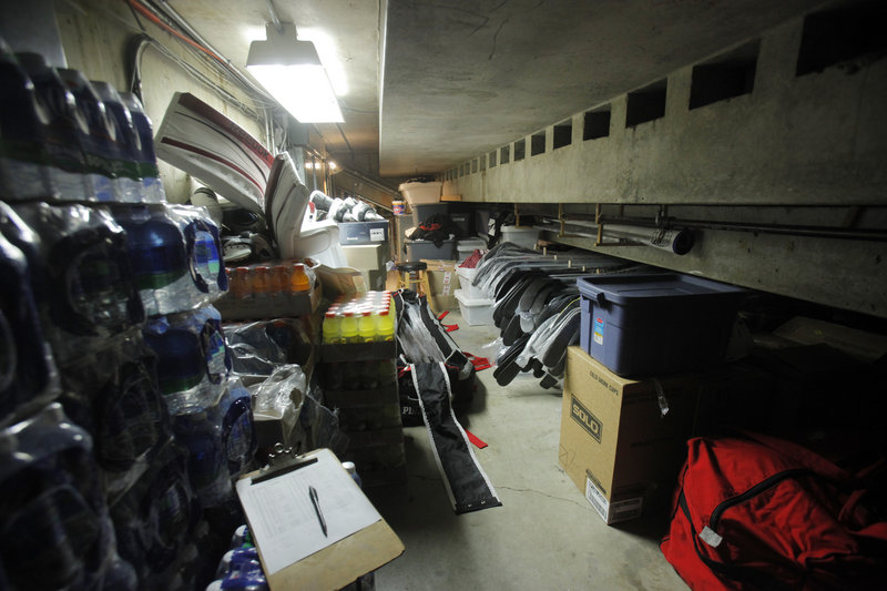 The Pirates’ storeroom is under a seating area in the civic center. Designers of the building, which opened in 1977, “never contemplated they’d have a hockey team move in,” says Steve Crane, the center’s general manager.