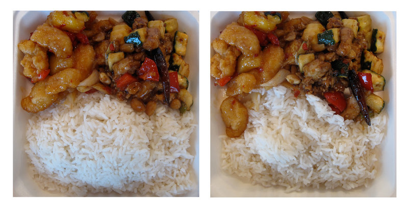 The same meal, but the photo at left shows a full serving of rice and the other a half serving of rice. A creative new experiment suggests paring down the side dishes might help a nation of overeaters shave some calories.