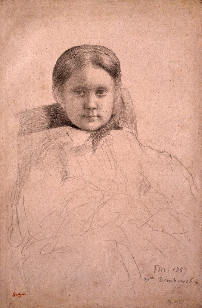 “Mlle. Dembowska,” circa 1858-59, black crayon drawing on plum colored paper.