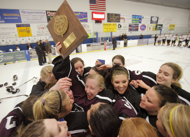 It’s time to celebrate for the Greely girls, who advanced to the state championship game with a 7-2 win over Brunswick Wednesday night at Portland Ice Arena.
