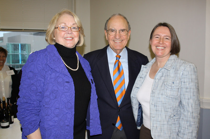 Incoming executive director Meg Baxter, former Sen. George Mitchell and outgoing Executive Director Colleen Quint at the Mitchell Institute party to mark the leadership transfer.