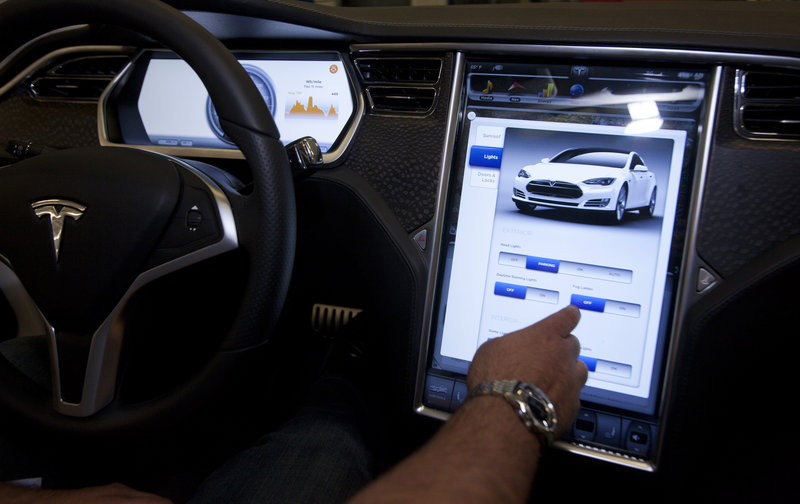 Tesla’s Motors’ upcoming Model S will feature a 17-inch touch screen. Within five years, more than 90 percent of new cars will come equipped with Internet-connected technology features, one expert predicts.