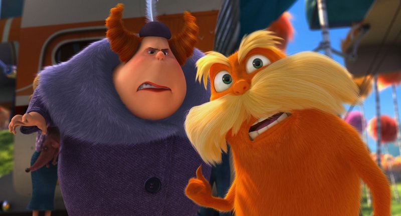 Aunt Grizelda (Elmarie Wendel) is annoyed by the Lorax (Danny DeVito) in "Dr. Seuss' The Lorax."